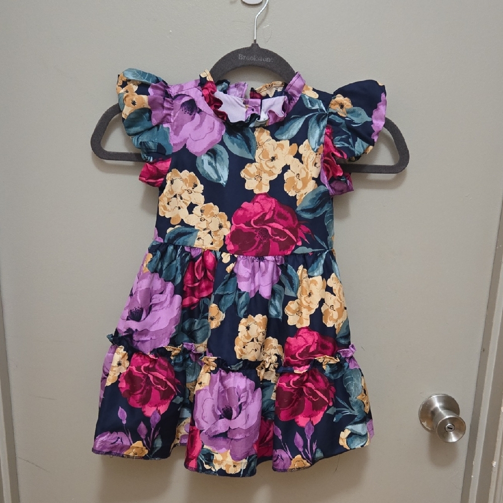 Janie and Jack Navy Floral Ruffle Dress with Pink Purple & Yellow Flowers